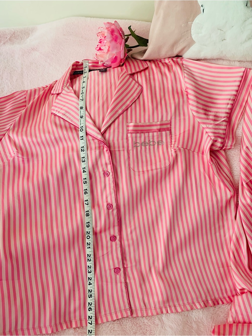 Bebe Silky Satin Pajama Set Candy Stripe Pink Button Down Size XL NWOT - Picture 5 of 14